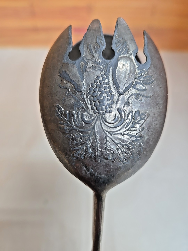 Vintage Embossed Silverplate Salad Tongs; Hinged Fork/Spoon; Italy