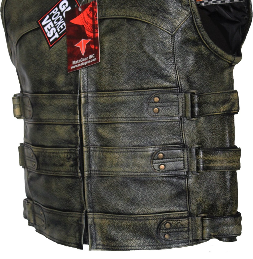 Motorcycle Leather Brown Collarless Tactical Vest with Mesh Lining