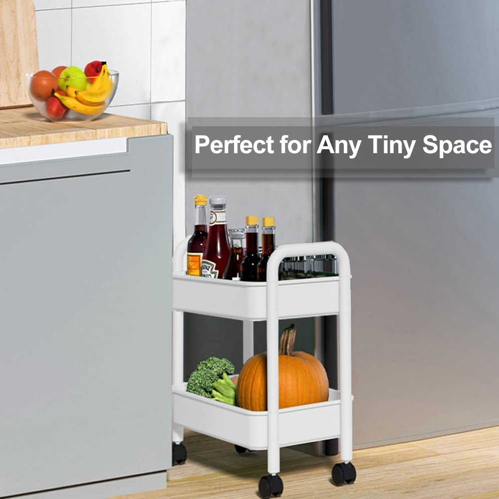 2-Tier Utility Rolling Cart Storage Organizer Sofa Side Table with Wheels, Un...