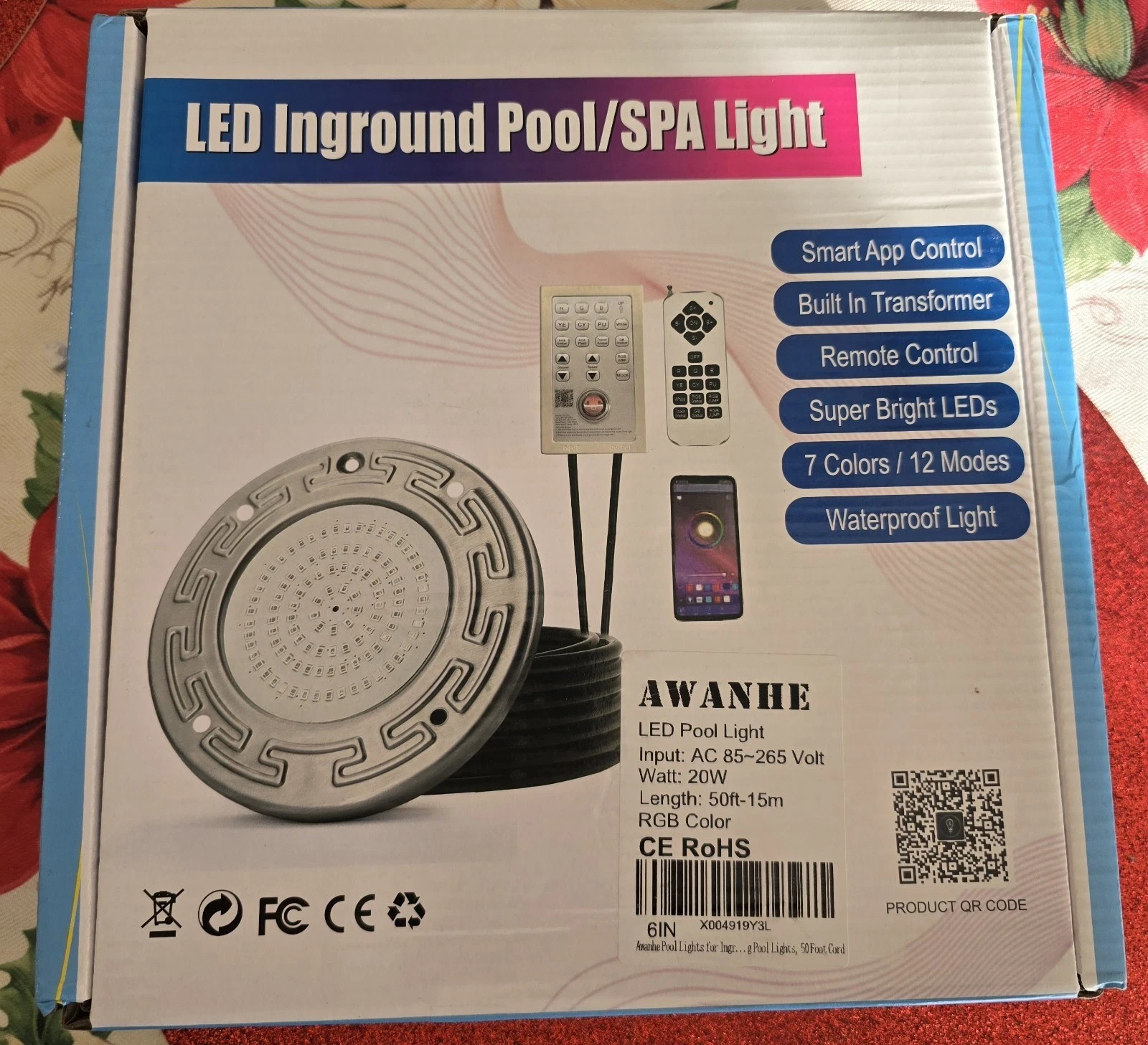 Awanhe Inground 20W LED Pool Light 50ft Cable With Remote And APP Control