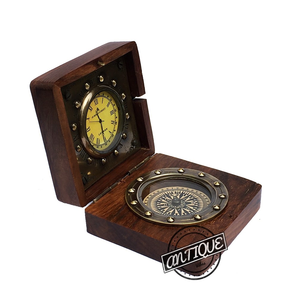 Vintage Vintage Wooden Clock Compass Study Toptable Rustic Watch Clock Home