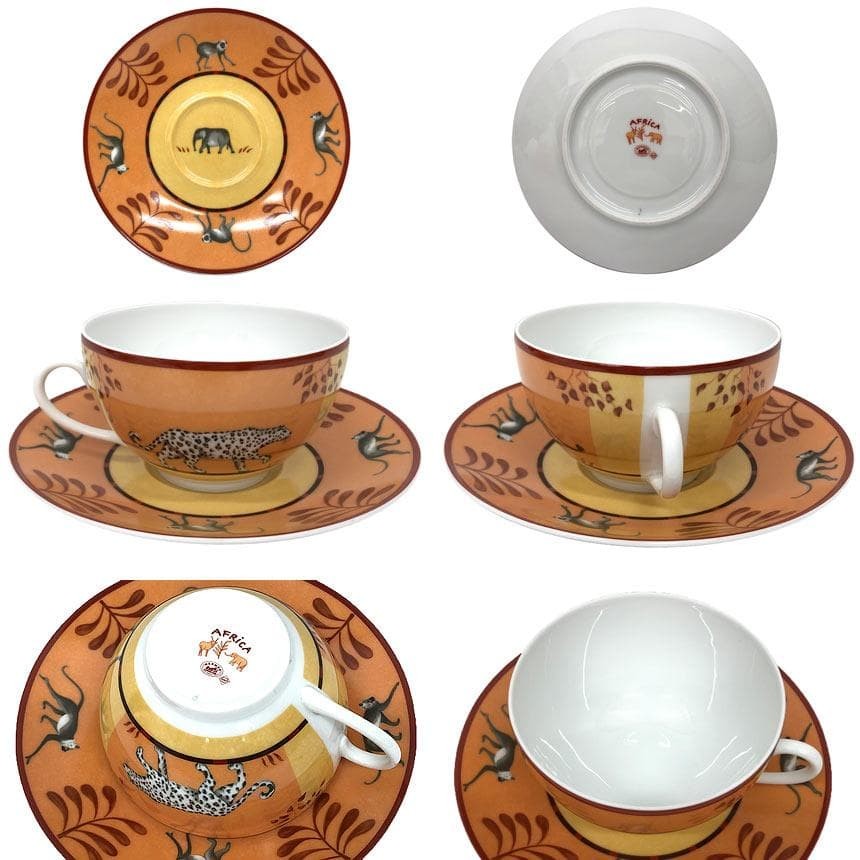 HERMES Africa Orange Cup & Saucer aq12629 Large Vintage Rare Authentic