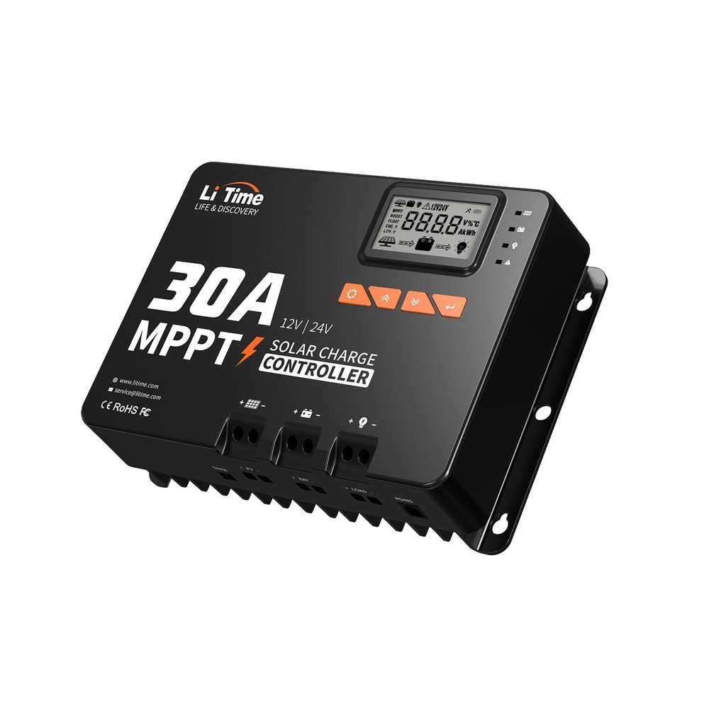 LiTime 30A MPPT Solar Charge Controller 12V/24V Auto Bluetooth LCD LED Indicator
