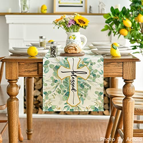 Blessed Cross Eucalyptus Table Runner, Spring 13" x 72", Table Runner Green