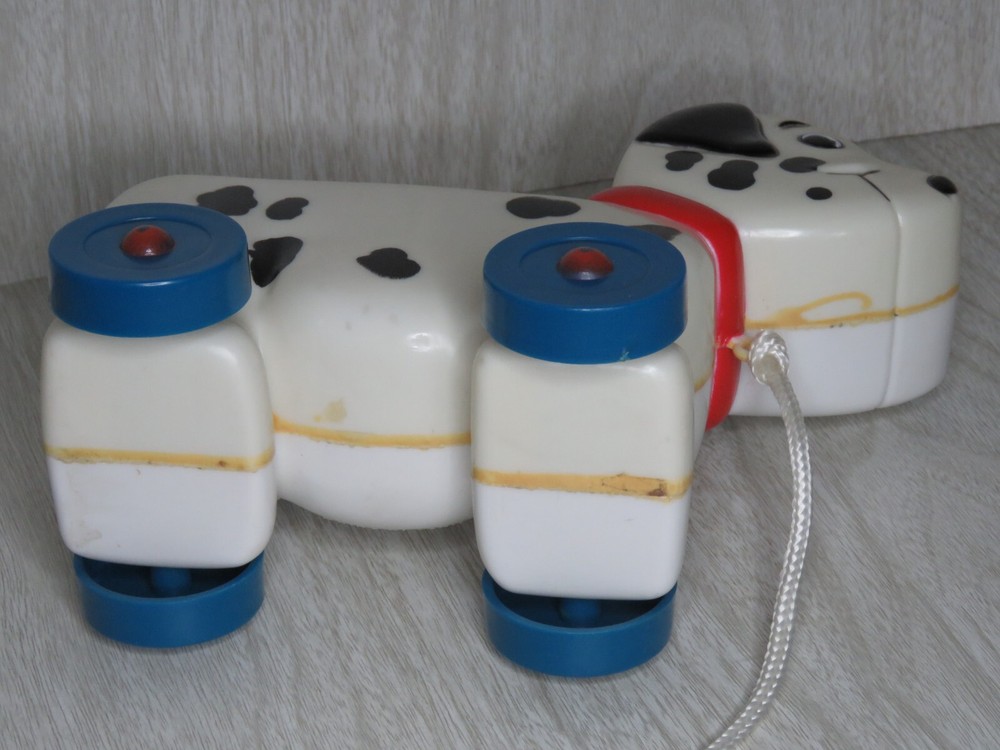 VTG J.S.N.Y. Pull Along Pup Crayon Holder Plastic Pull Toy Dalmatian READ