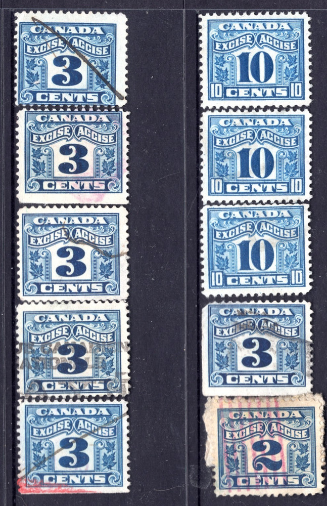 Canada Excise 2c 3c 10c Lot 10 Stamps
