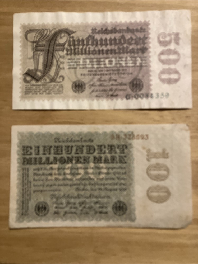 2 X Germany Banknotes. 100 & 500 Million Mark. Dated 1923. Vintage Notes.