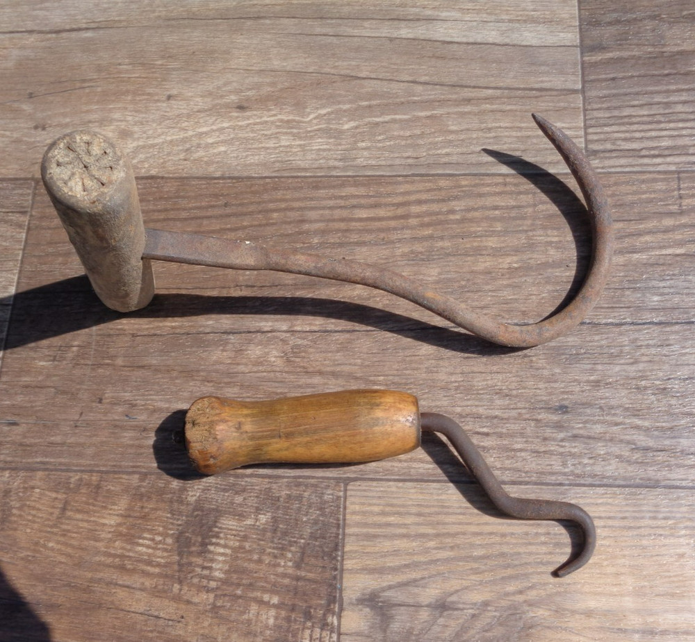 2 - Vintage Wood Handle Hay Hook Tools Rustic Primitive Display Tools