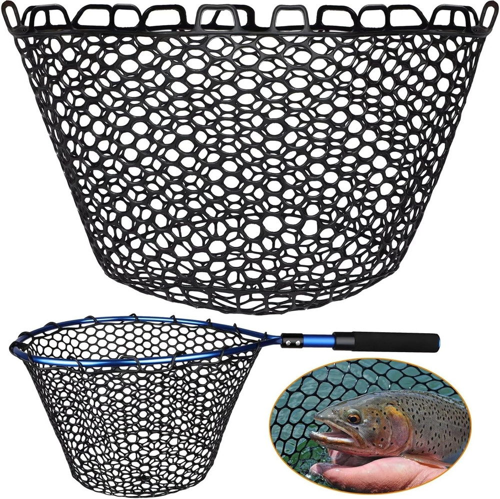Clear Black Rubber Fishing Net Replacement Netting, Foldable, 5 Sizes