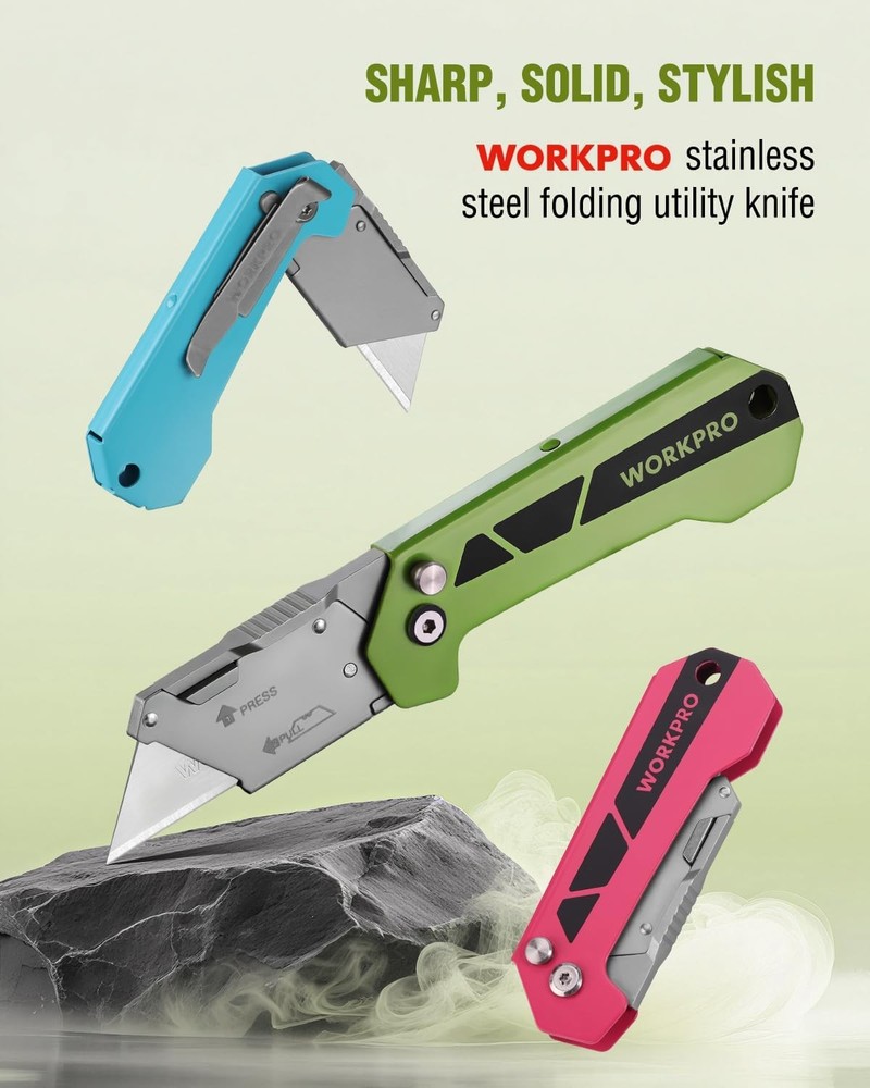 WORKPRO Pocket Folding Utility Knife Box Cutter Quick Change Axis Lock 10 Blades