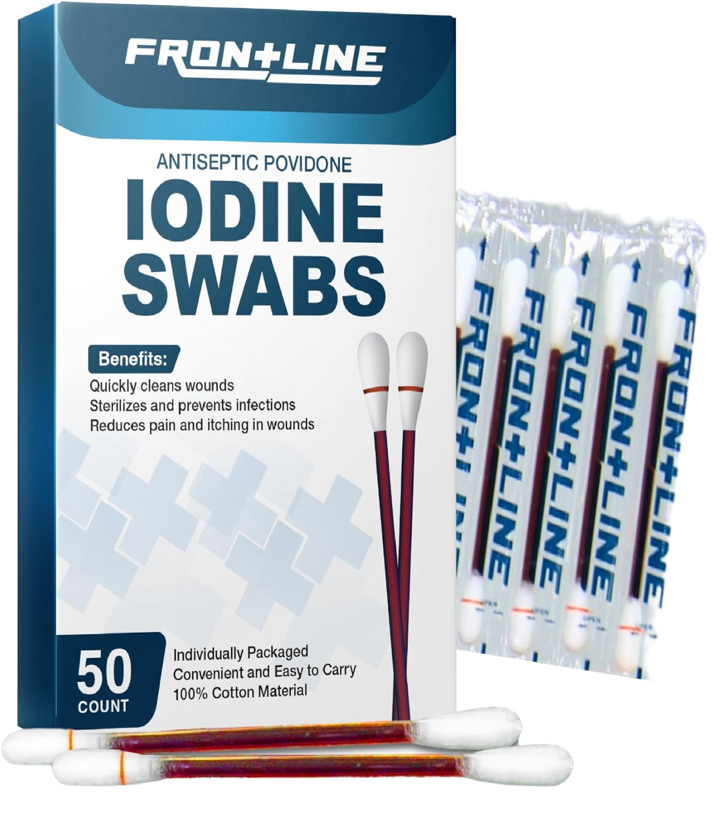 FrontLine Povidone Iodine Swabs, Antiseptic Swabsticks, Iodine SolutionBox of 50