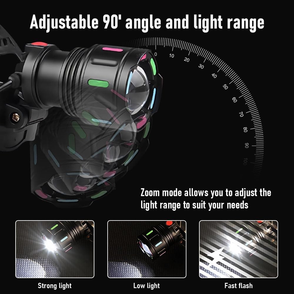 LED Rechargeable Headlamp, 90°Angle Head Lights for Forehead, Black