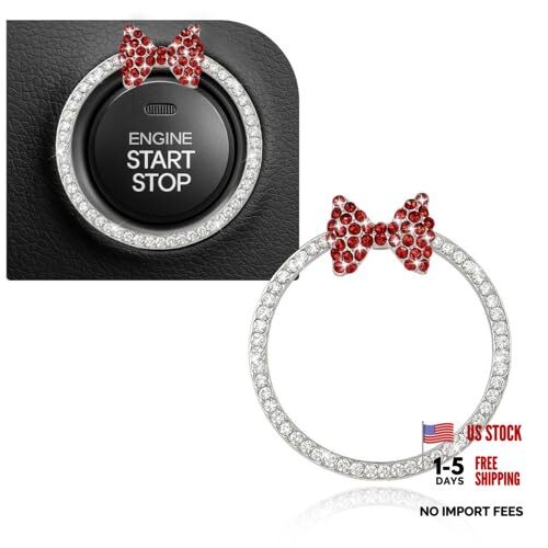 Bling Bow Car Engine Start Stop Button Decoration Ring, Cute Double WhiteRed
