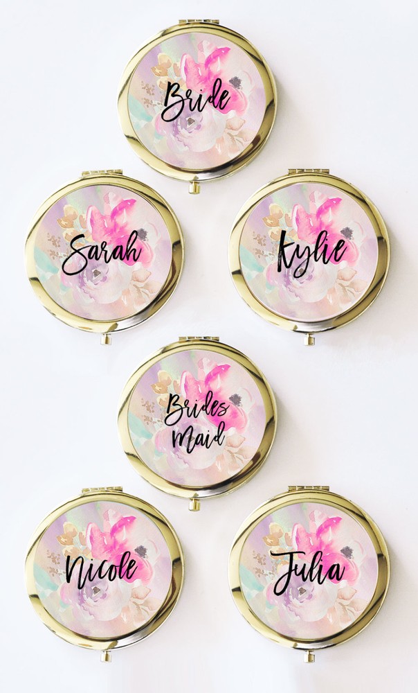 Personalized Floral Compact Mirror - Bridesmaid Gifts  Includes 7 with Boxes