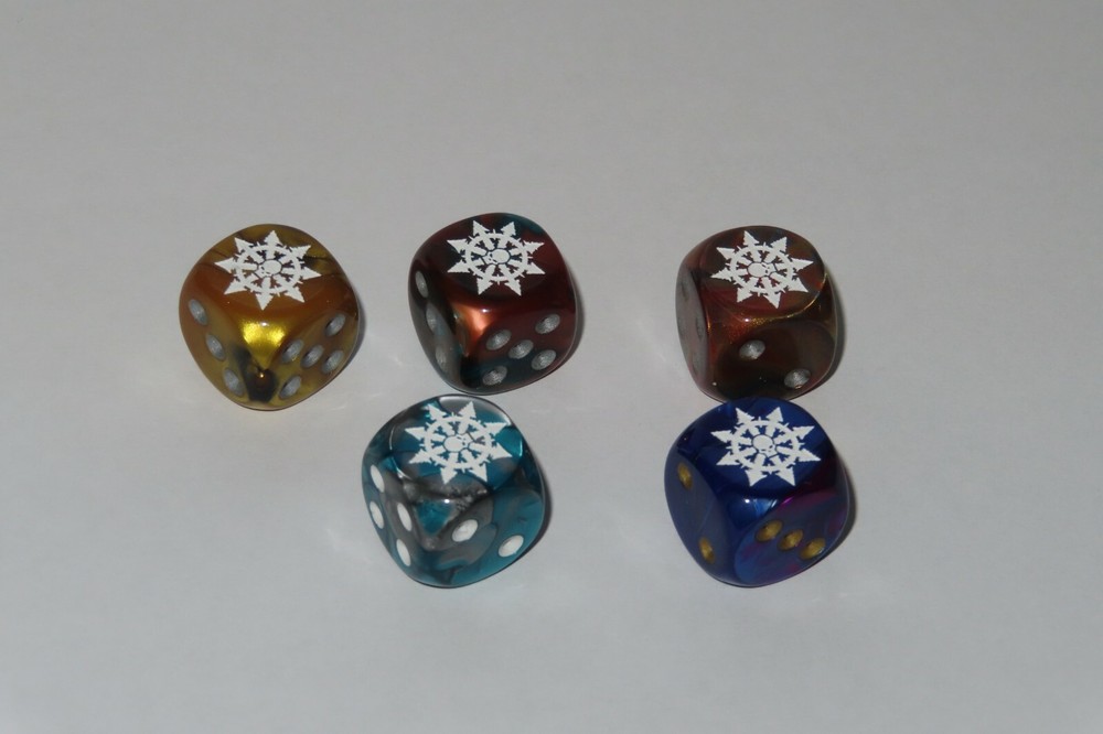 x5 Chaos Star Marbled dice.  Chessex unknown