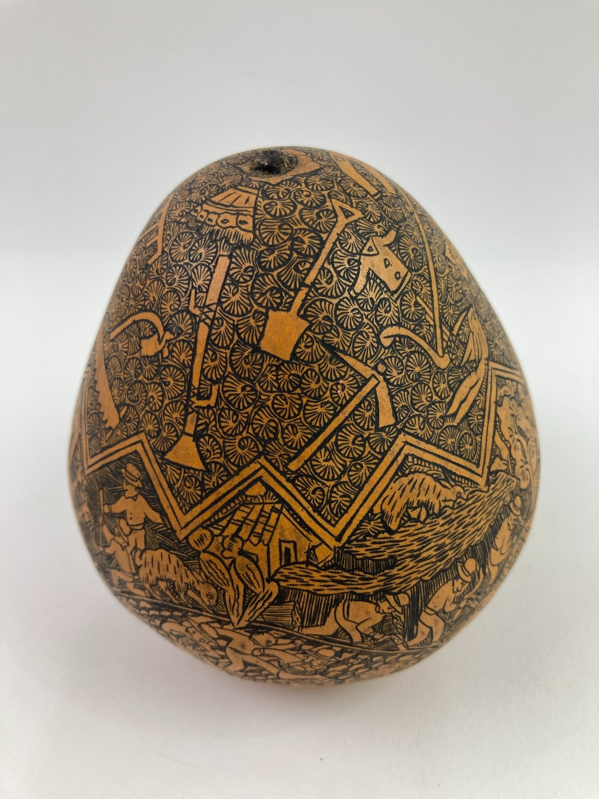 Peruvian Storyteller Folk Art Intricate Hand Carved Gourd Farming Gardening Peru