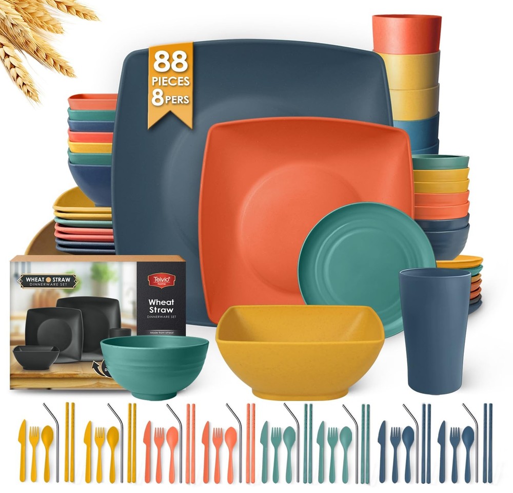 88-Piece Kitchen Plastic Wheat Straw Square Dinnerware Sets for 8, Dinner/Sal...