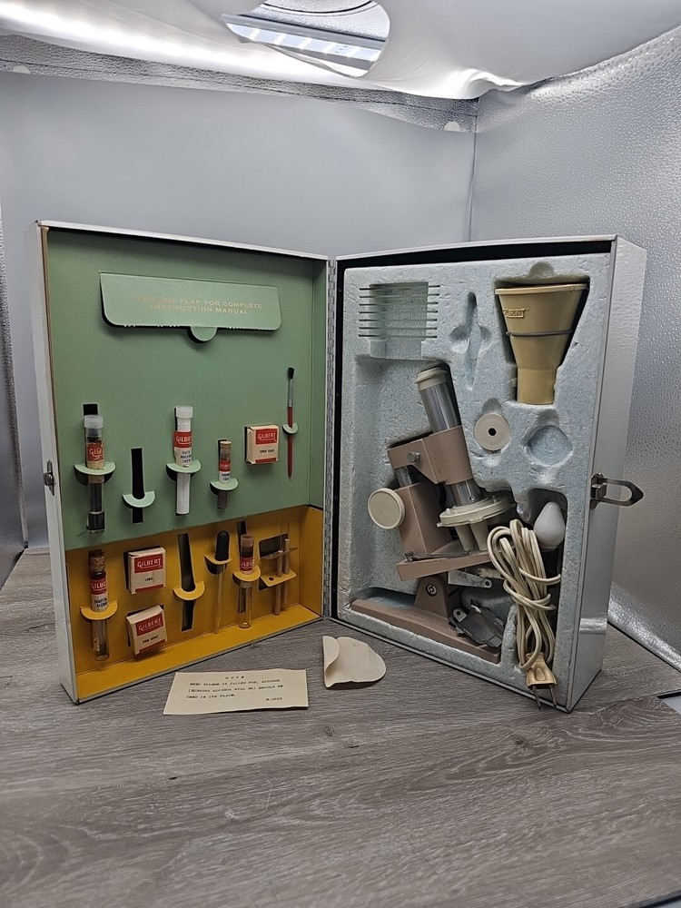 GILBERT Microscope & Lab Set in metal case incomplete
