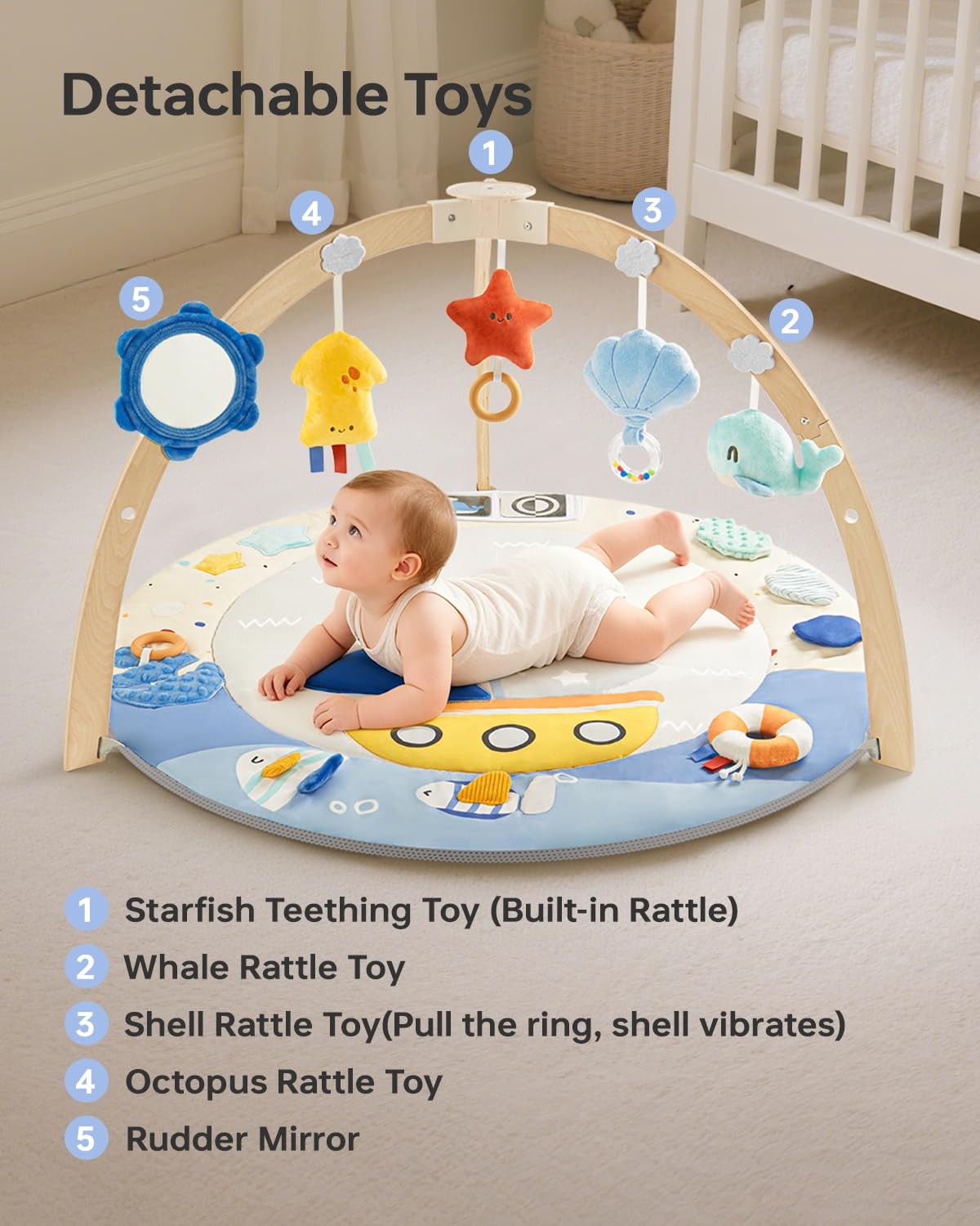 Baby Play Gym Activity Mat, 5 Developmental Zones Wooden Tummy Time Mat with ...