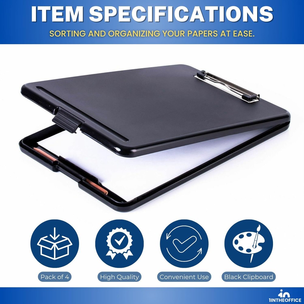 Clipboard with Storage 4 Pack Letter Size Black Plastic Office School Use