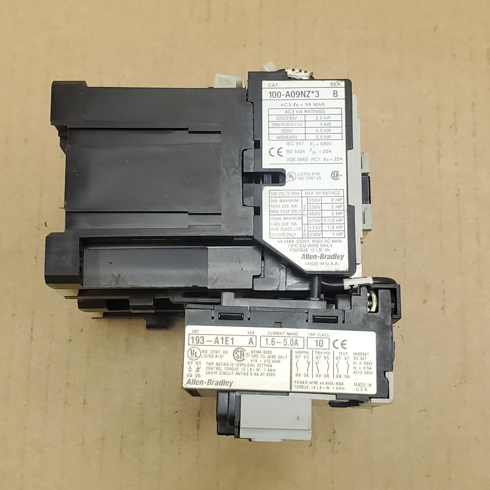 Allen Bradley Reversing Contactor 100-A09NZ3 24VDC Coil 193-A1E1 Overload NICE