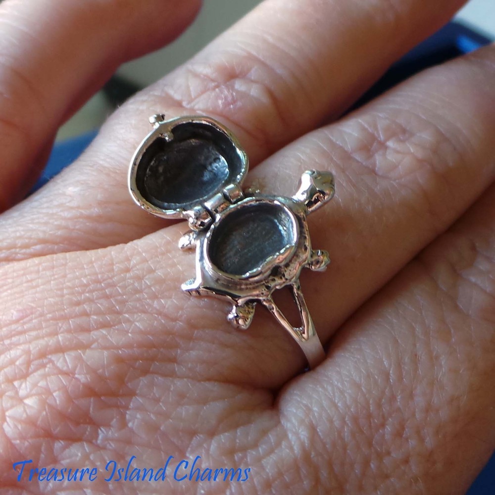 Turtle 925 Solid Sterling Silver Poison Pill Box Ring Opens Size 6 7 8 9 Opens