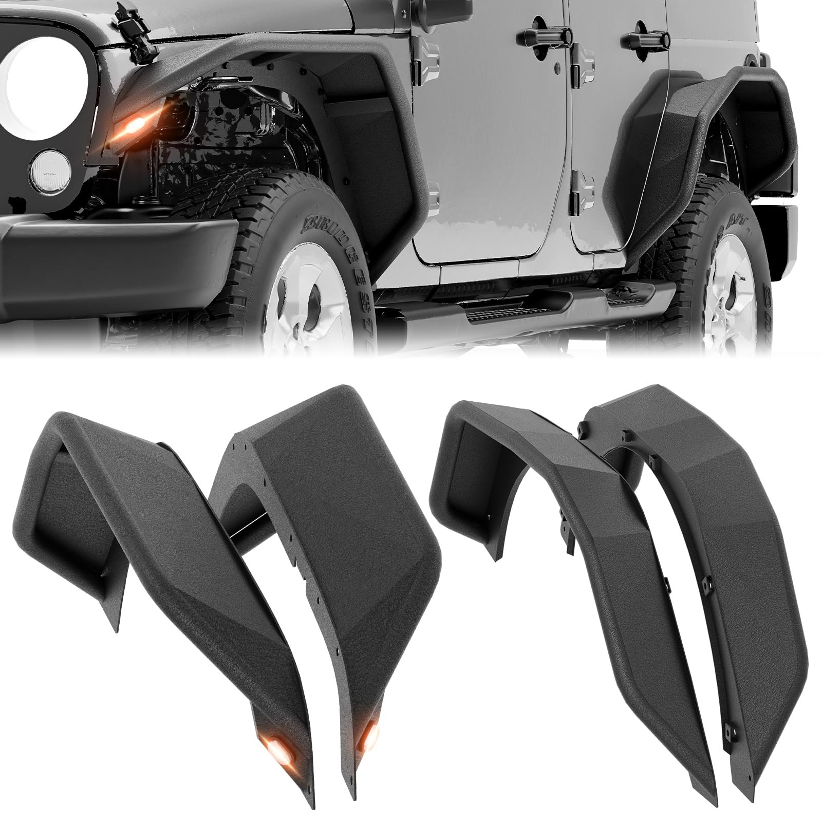 for JK JKU Tubular Front & Rear Fender Flares Compatible with 2007-2018 Jeep