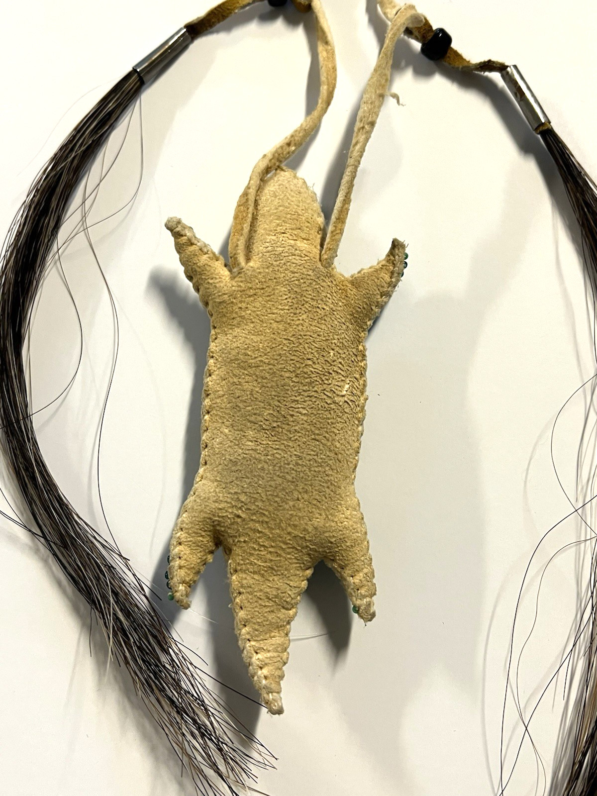 Native American Indian Rawhide Lizard Fetish & Horse Hair Tassels; Hand Sewn