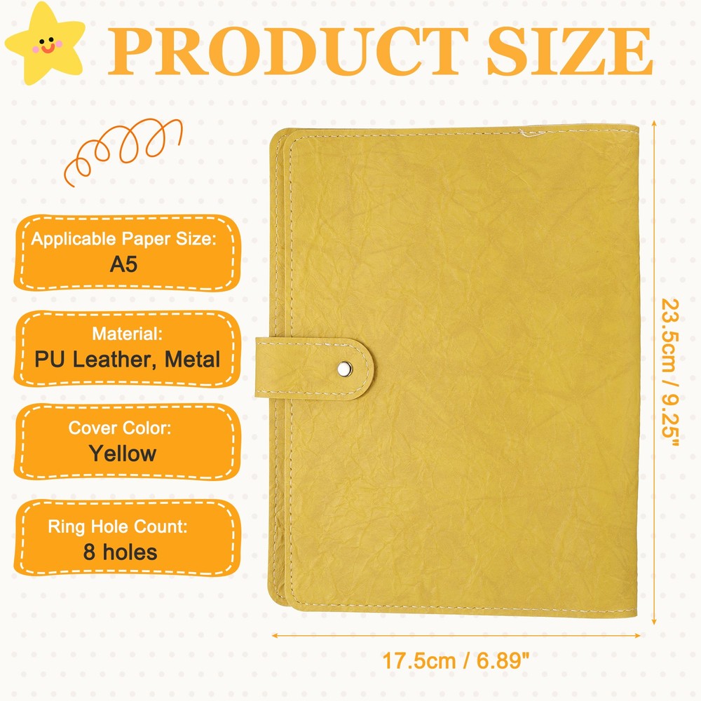 A5 Textured PU Leather Binder Protector, 8 Ring Waterproof Binder Cover, Yellow