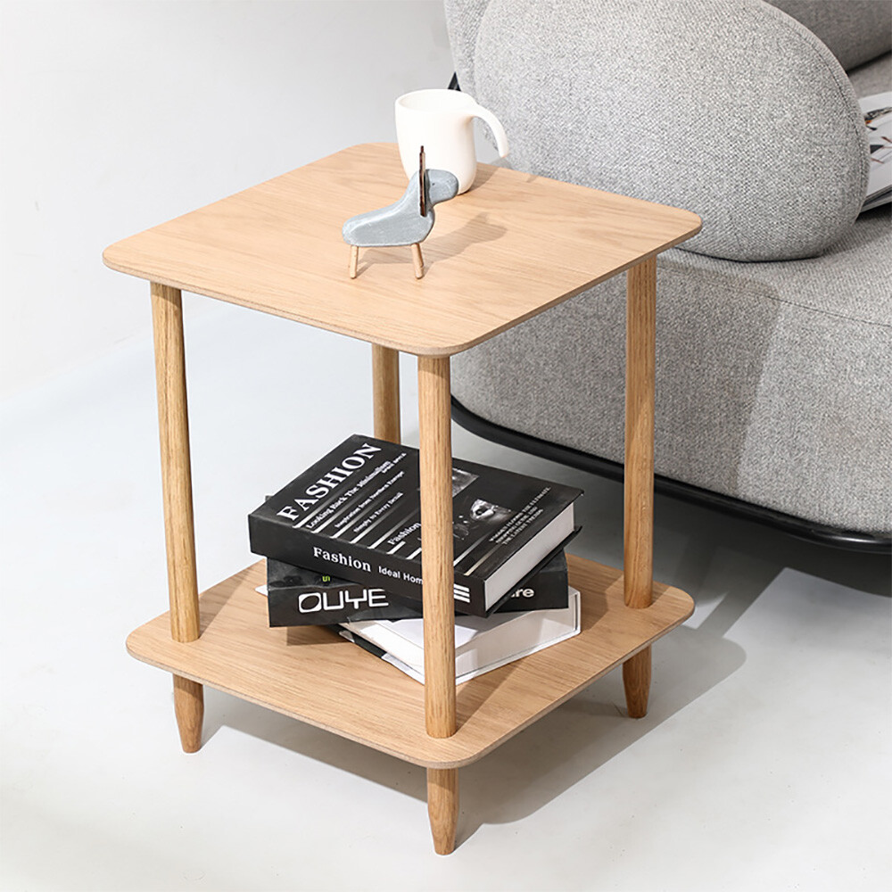 Solid Wood Side Table 2-Tier Small End Table w/ Storage Shelf Narrow Nightstand