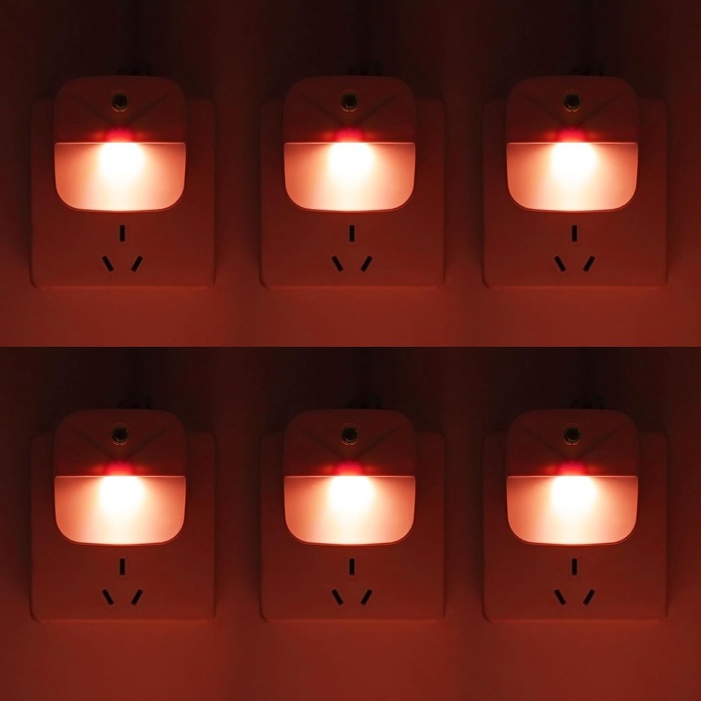 6 Pack LED Red Night Lights Plug Into Wall Dusk To Dawn Sensor Automatic Plastic