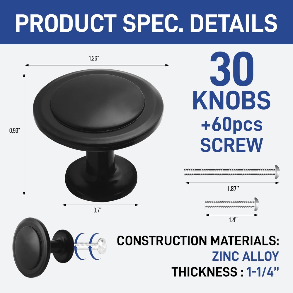 Lifemaster 30pcs 1-1/4 Matte Black Cabinet Knobs - Rust-Proof, Modern Design,...