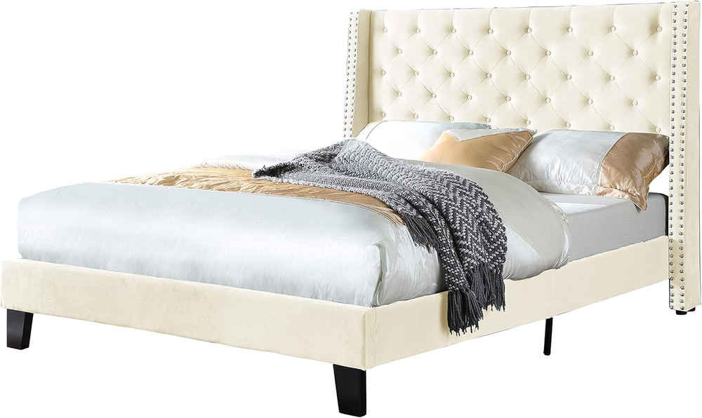 Chic Tufted Wingback Bed Frame, Sturdy Wood, Full Size, Beige