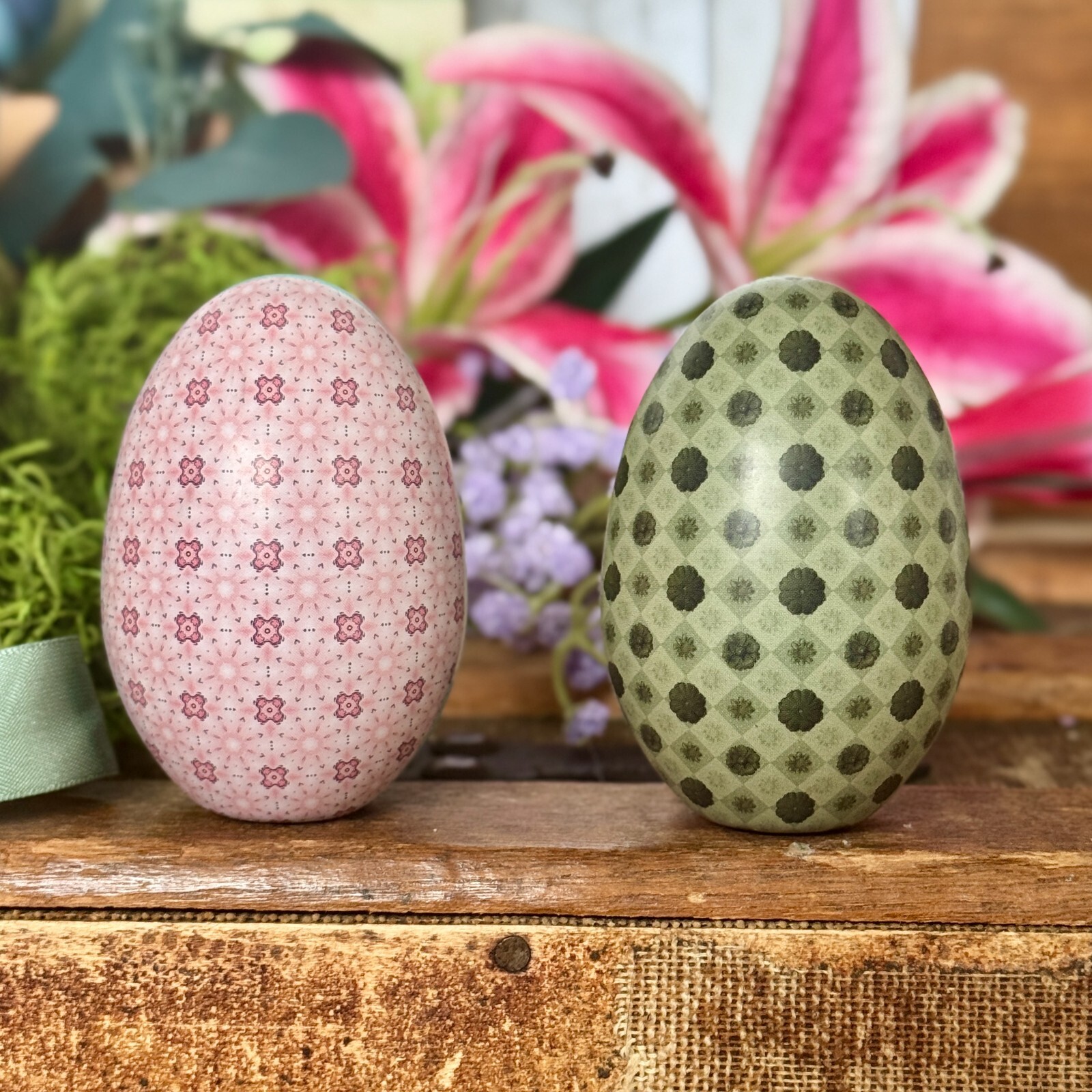 TWO Easter Egg Tins. 2 fillable Metal Easter Eggs with Vintage Graphic