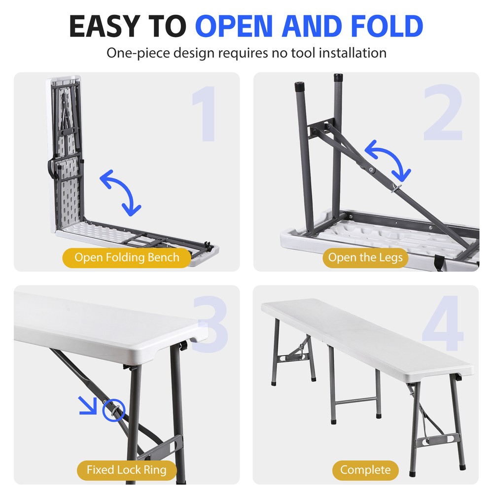 2X 6FT Plastic Foldtable Bench w/ Handles Outdoor Portable Stackable Bench Party