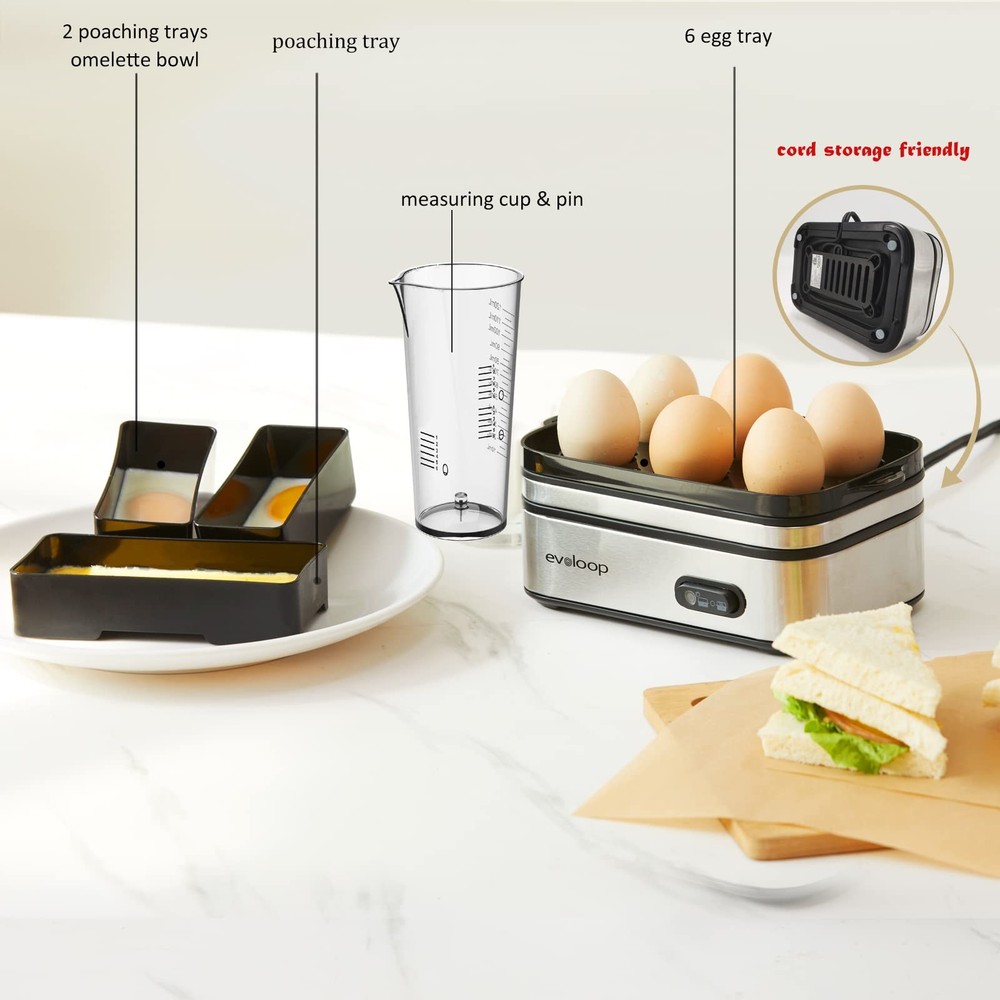 Evoloop Rapid Egg Cooker Electric 6 Eggs Capacity, Soft, Medium, Hard Silver