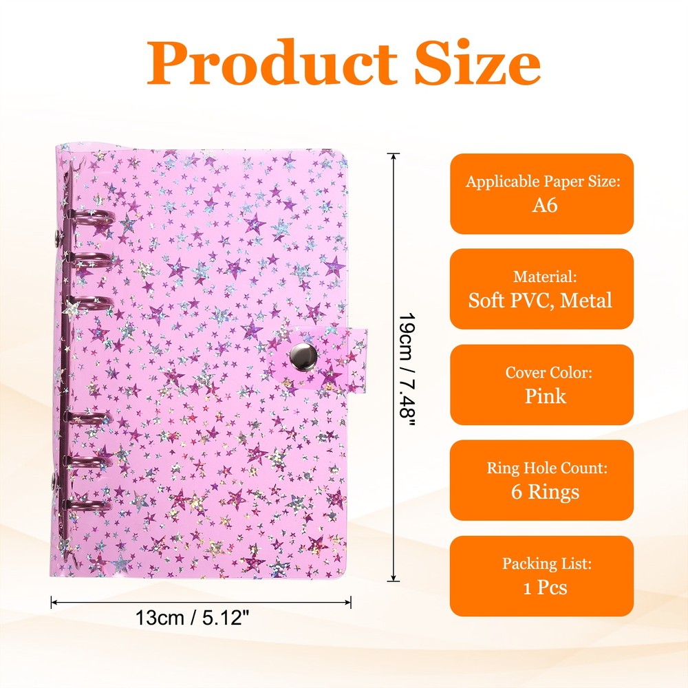 A6 Binder Cover, Stars Refillable Notebook Shell with Snap Button, Pink