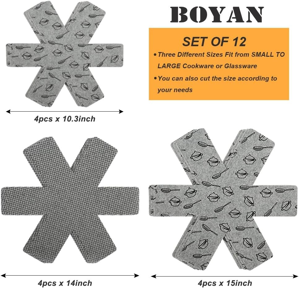 BOYAN Pot & Pan Protectors 12 Pack Felt Cookware Divider Pads Anti Scratch