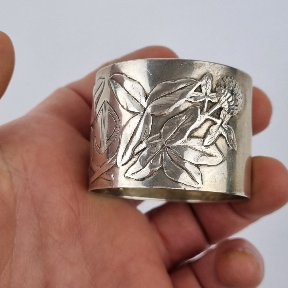 Vintage Danish Solid Silver Napkin Ring Decorated Flowers With Initials "JD"