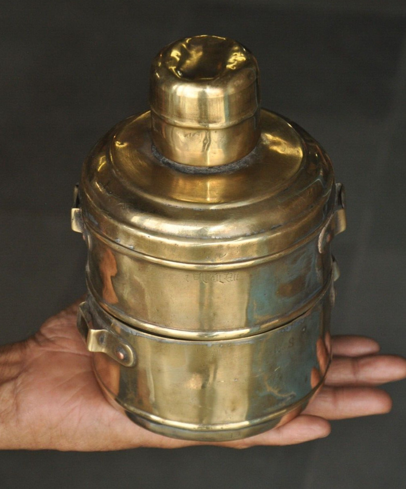 Vintage 2 Compartment Brass Handcrafted Solid Heavy Lunch/Tiffin Box