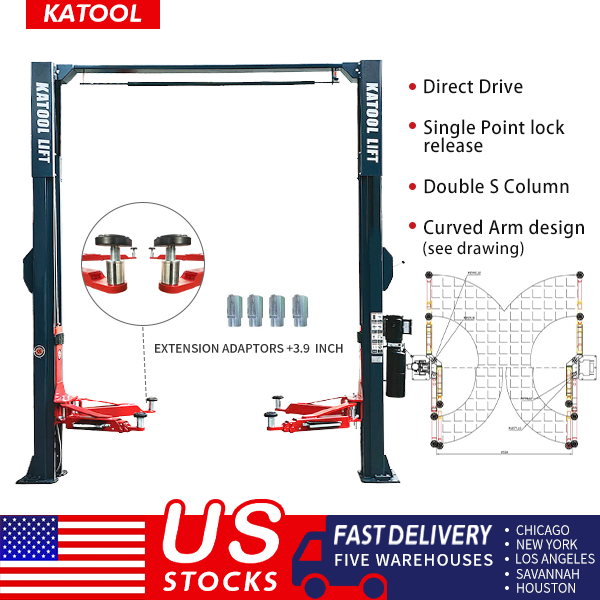 Two Post Lift 11000lbs Direct Drive Single Point Lock Release Curved Arm 2-post