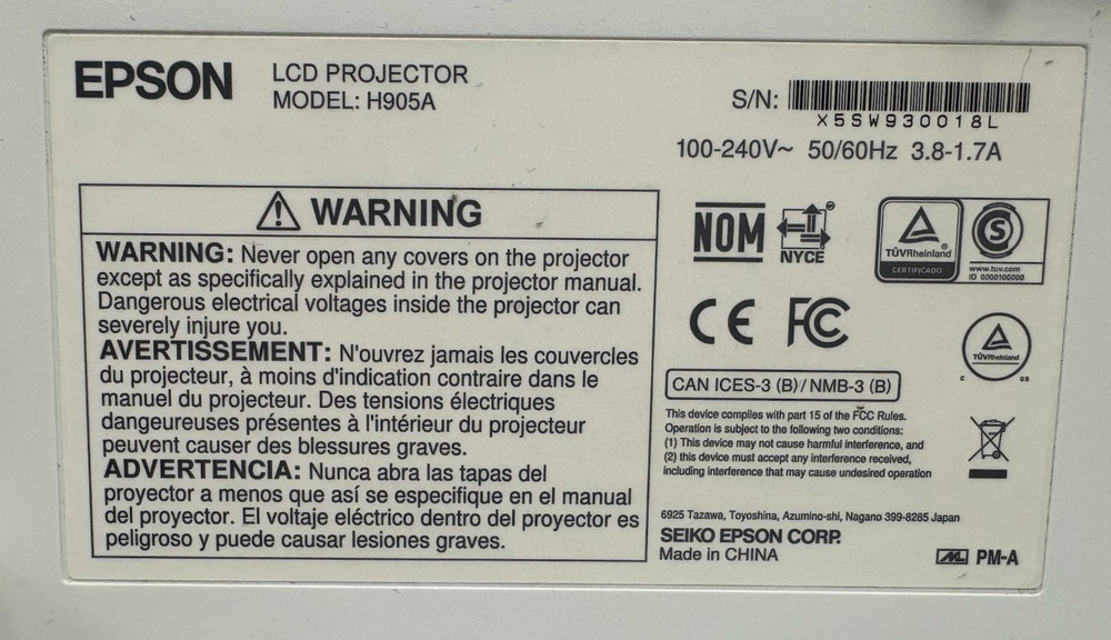 Epson PowerLite L610U (H901A) LCD Projector
