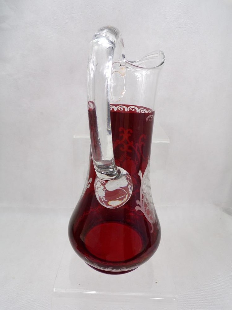 Vintage flashed ruby glass jug cut to clear W10