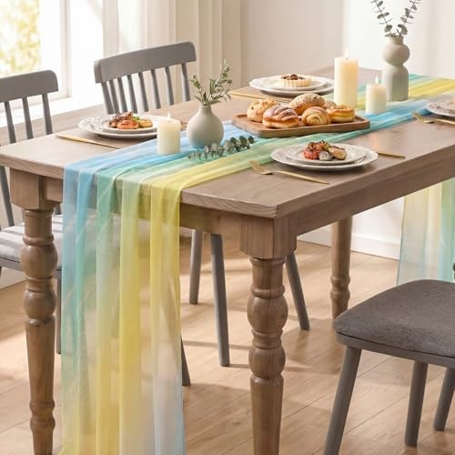 Boho Gradient Yellow Blue Stripes Spring Chiffon Table 28" x 120" Yellow/Blue