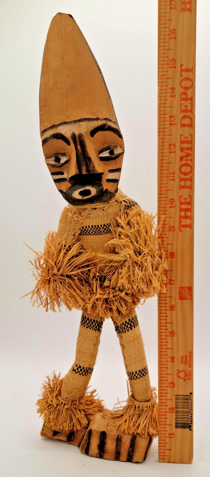 African Pende DRC Minganji Wood & Woven Masquerade 17" Statue Doll Figure VTG