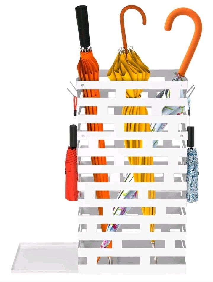 Indoor/ Outdoor Umbrella Stand Space Saving Detachable Tray Hooks Sturdy Metal