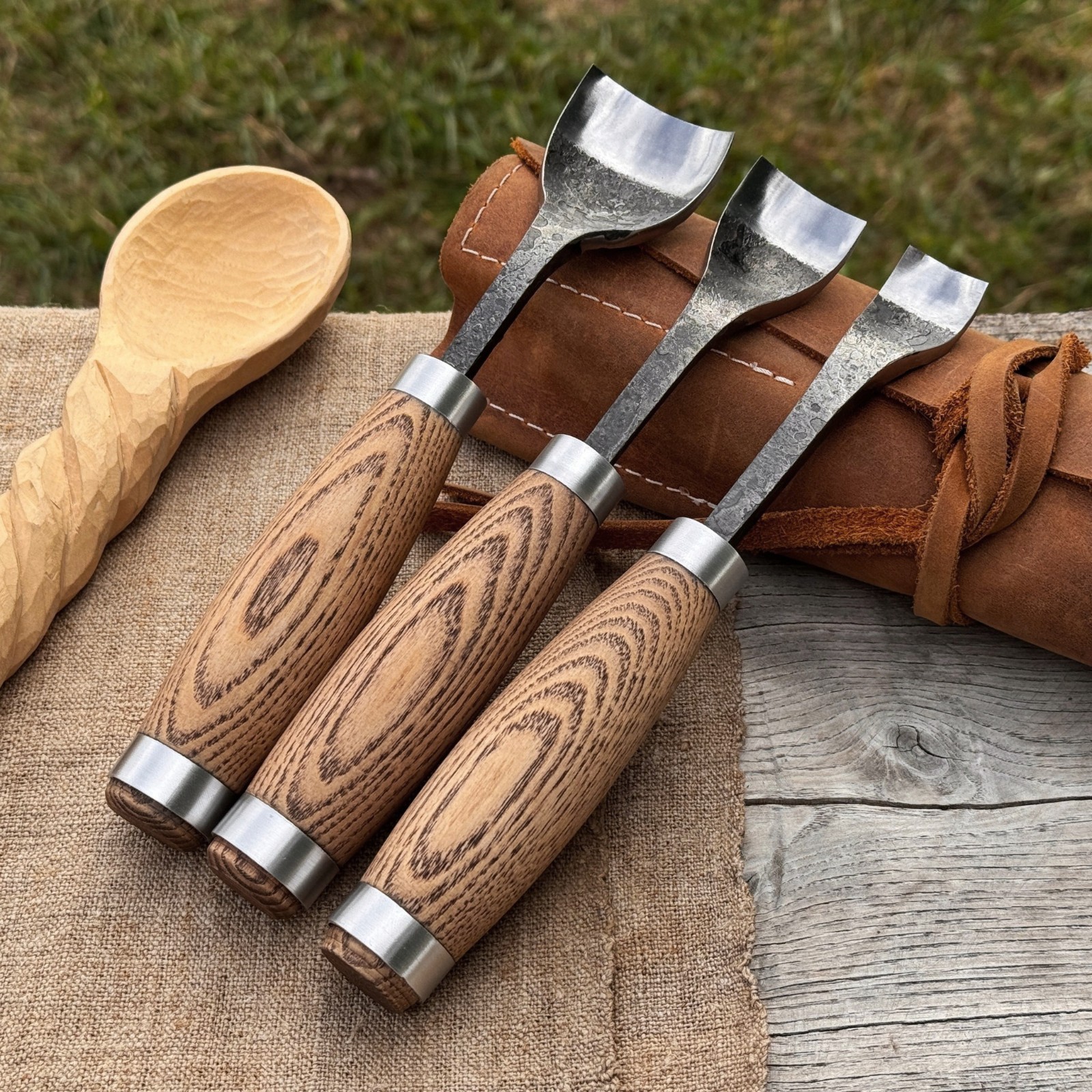 Set of 3 - 0.8, 1.2, 1.6'' Spoon Carving Gouges Hand-Forged Tool Bowls, Kuksas