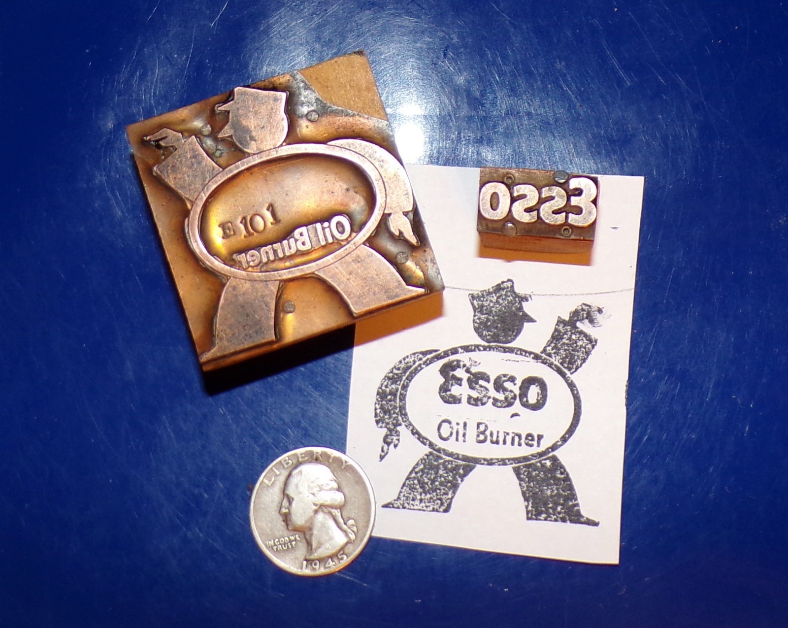 Vintage "Esso Oil Burner" 2pc Wood and Copper Letterpress Printers Blocks