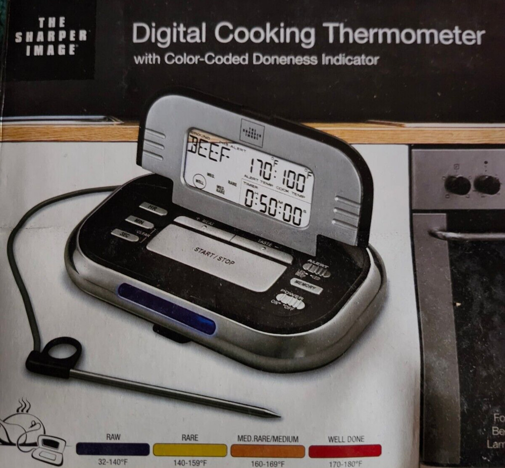 NEW SHARPER IMAGE DIGITAL COOKING THERMOMETER  COLOR-CODED DONENESS (BENT BOX)