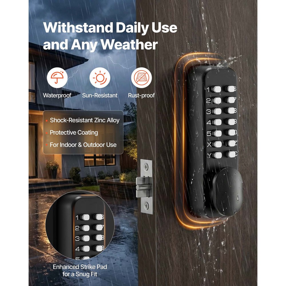 Uimoso Mechanical Keyless Door Lock with Keypad, 4-7 Digit Code, Black Finish